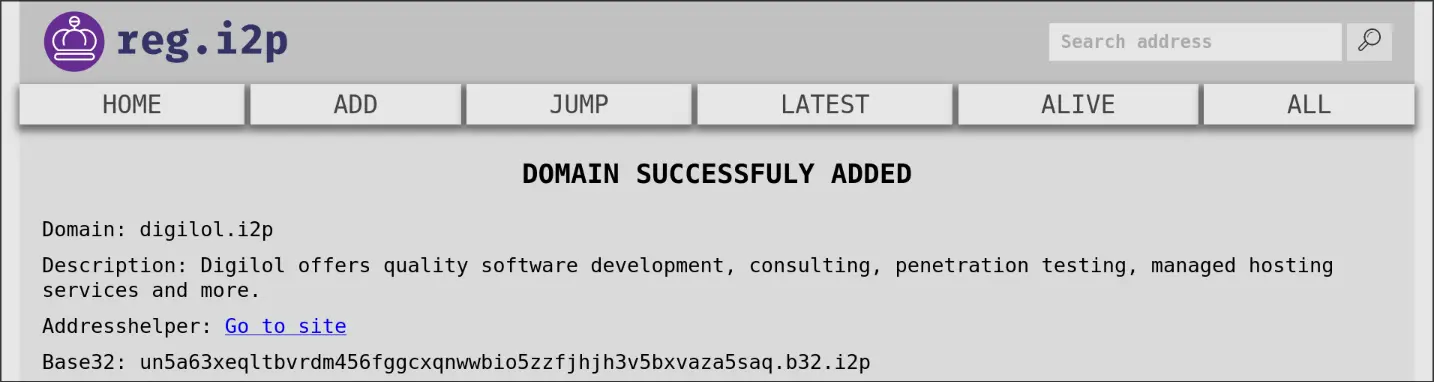 reg.i2p domain successfully added page