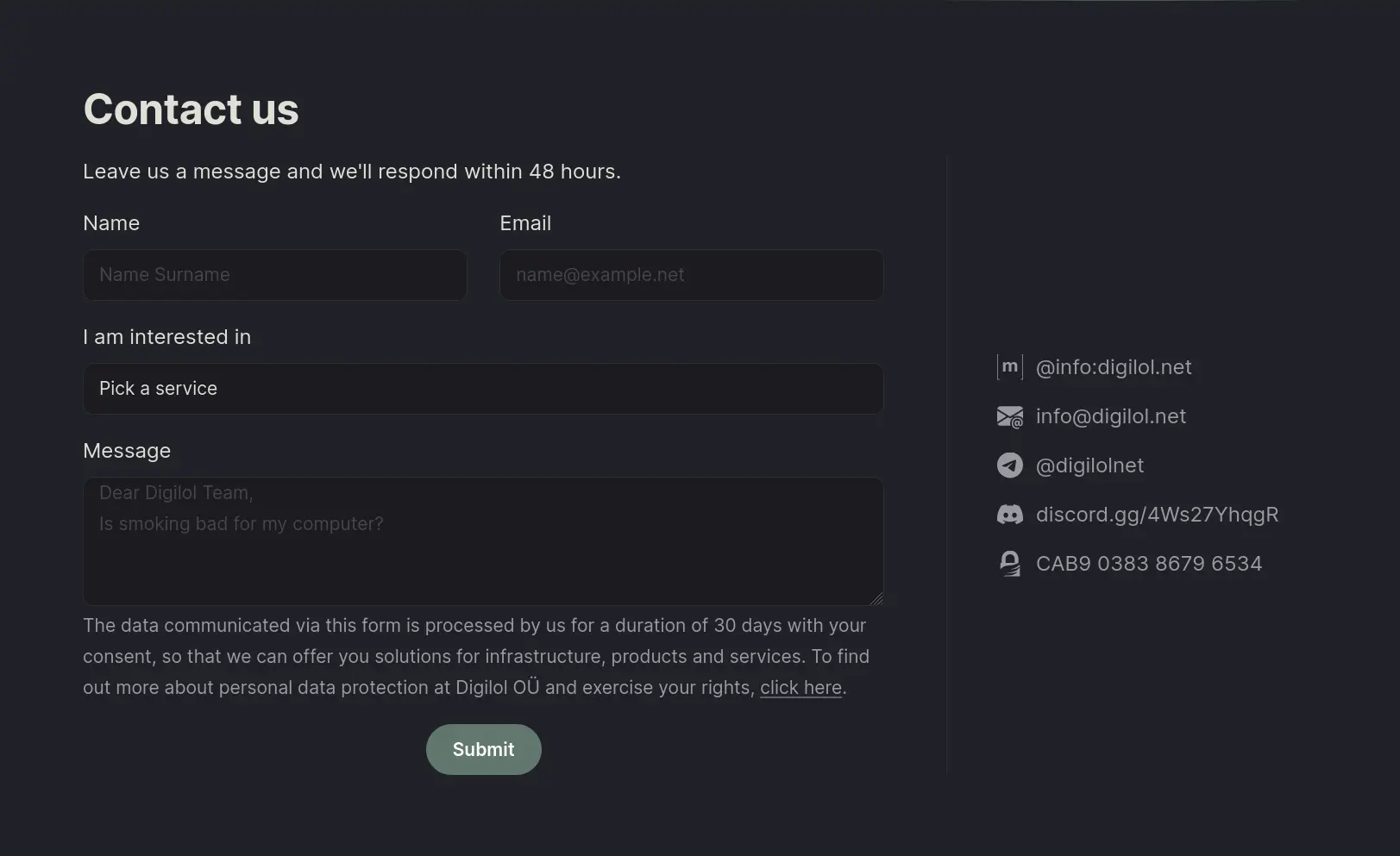 Contact form and direct contact details side by side